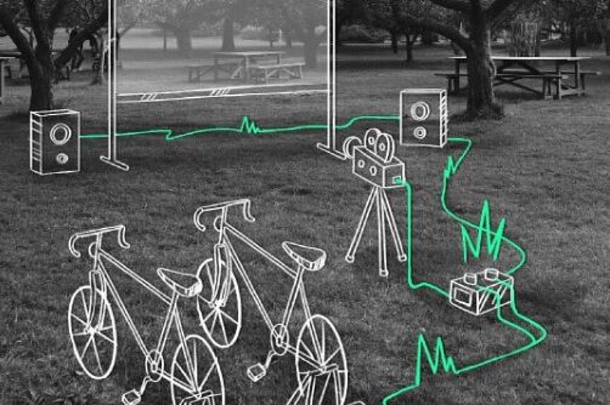 ADFC Rhein-Neckar Fahrradkino Grafik, die darstellt, wie das Fahrradkino funktioniert